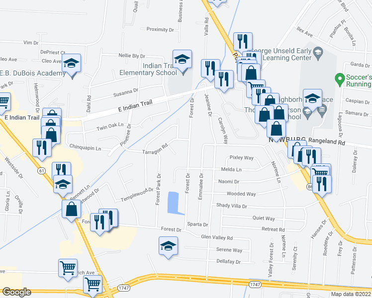 map of restaurants, bars, coffee shops, grocery stores, and more near 1425 Forest Drive in Louisville