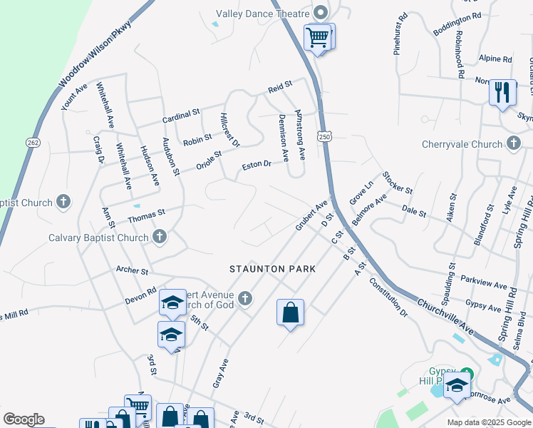 map of restaurants, bars, coffee shops, grocery stores, and more near 2399 Highview Circle in Staunton
