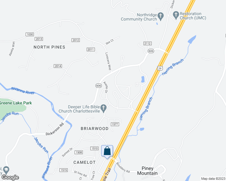 map of restaurants, bars, coffee shops, grocery stores, and more near 4772 Blue Jay Way in Charlottesville
