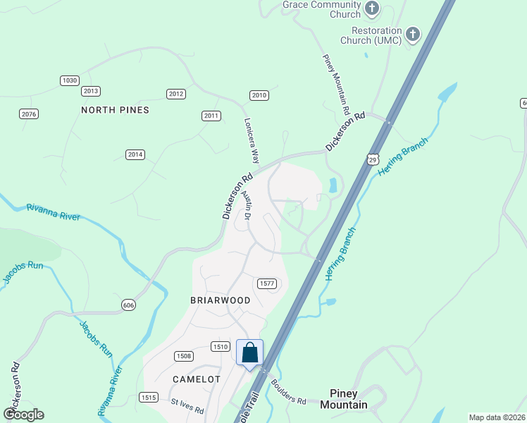 map of restaurants, bars, coffee shops, grocery stores, and more near 2360 Austin Drive in Charlottesville