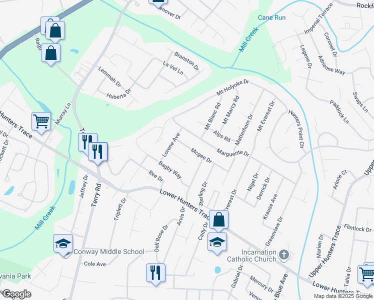 map of restaurants, bars, coffee shops, grocery stores, and more near 2512 Mcgee Drive in Louisville