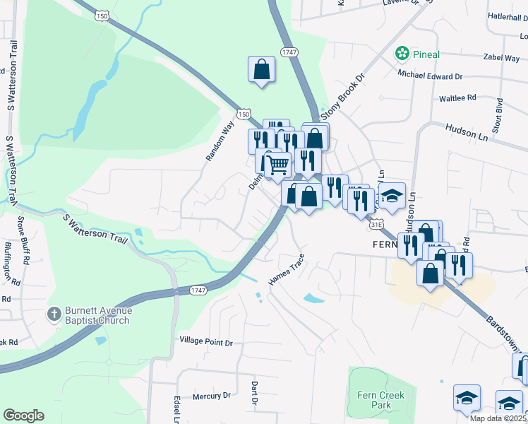 map of restaurants, bars, coffee shops, grocery stores, and more near 8607 Jessica Allen Drive in Louisville