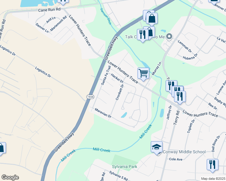 map of restaurants, bars, coffee shops, grocery stores, and more near 6500 Don Bon Court in Louisville