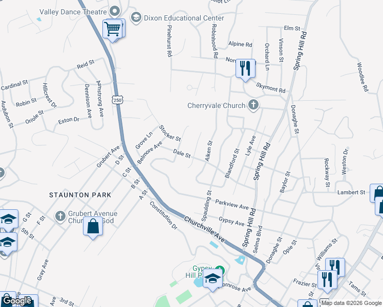 map of restaurants, bars, coffee shops, grocery stores, and more near 1396 Pleasant View Street in Staunton