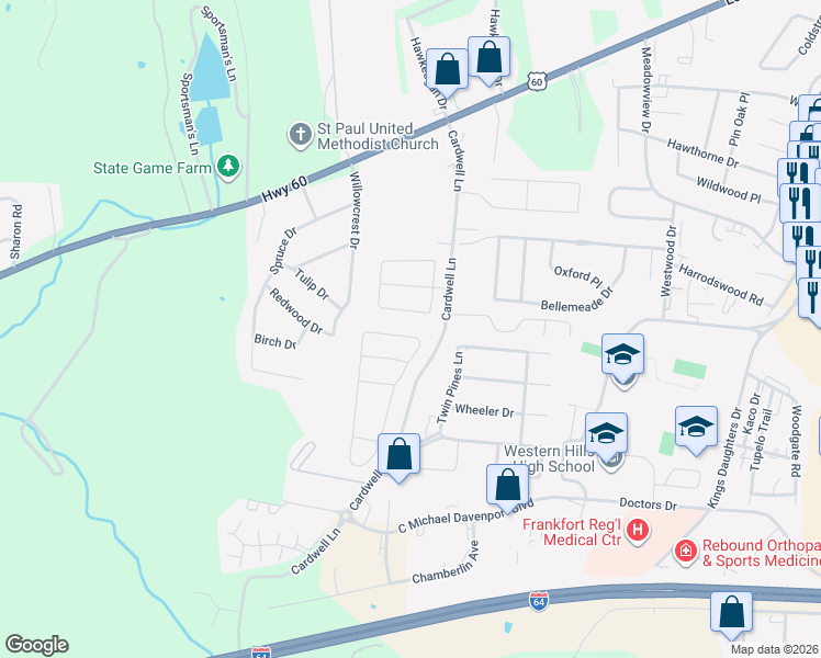 map of restaurants, bars, coffee shops, grocery stores, and more near 1651 Highview Circle in Frankfort