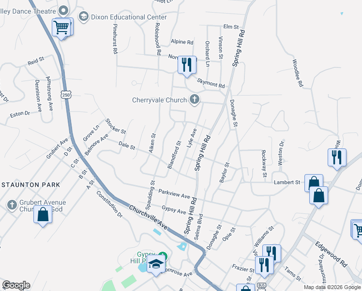 map of restaurants, bars, coffee shops, grocery stores, and more near 1406 Lyle Avenue in Staunton