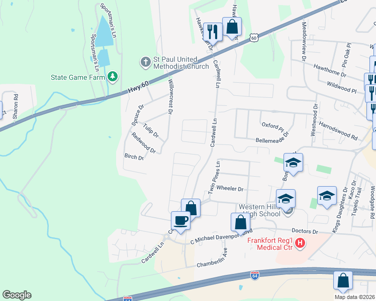 map of restaurants, bars, coffee shops, grocery stores, and more near 1641 Highview Circle in Frankfort