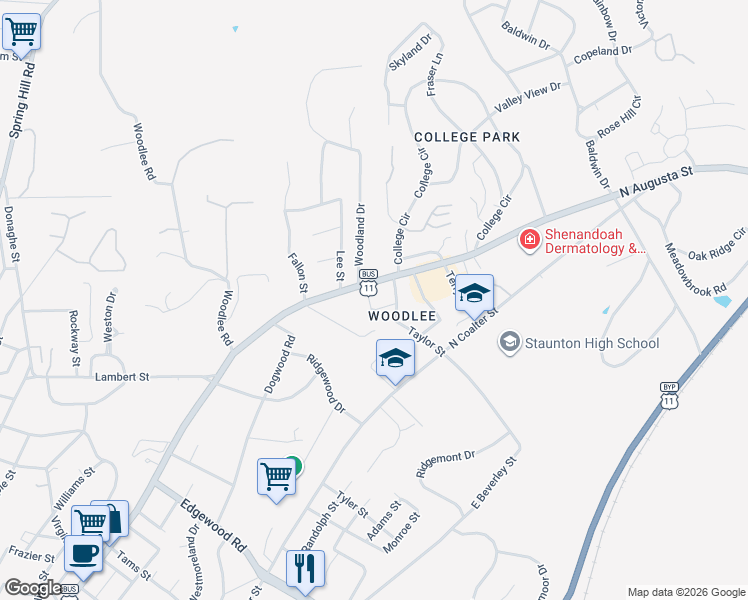 map of restaurants, bars, coffee shops, grocery stores, and more near 2000 North Augusta Street in Staunton
