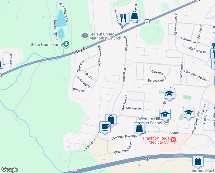 map of restaurants, bars, coffee shops, grocery stores, and more near 1641 Highview Circle in Frankfort