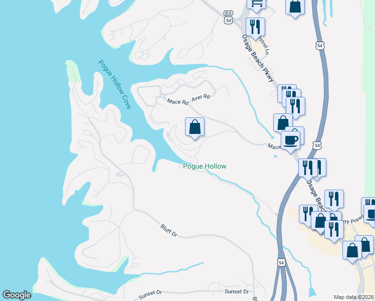 map of restaurants, bars, coffee shops, grocery stores, and more near Orville Dr in Osage Beach