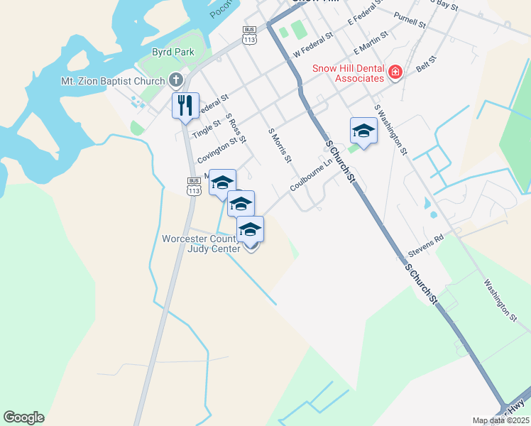 map of restaurants, bars, coffee shops, grocery stores, and more near 510 Coulbourne Lane in Snow Hill