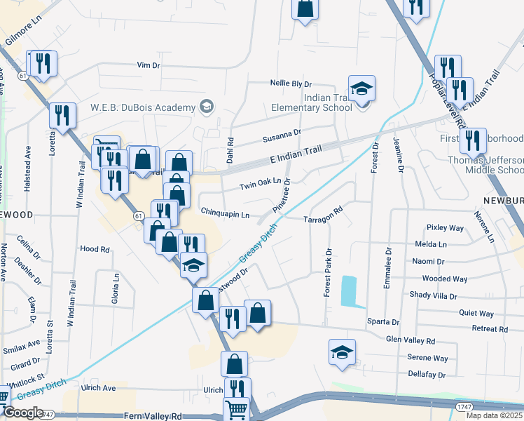 map of restaurants, bars, coffee shops, grocery stores, and more near 5704 Pine Tree Drive in Louisville