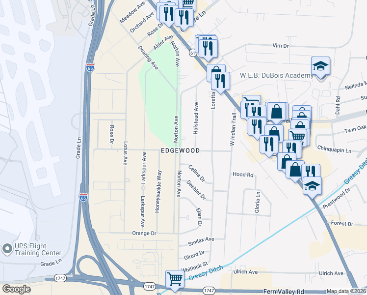 map of restaurants, bars, coffee shops, grocery stores, and more near 5614 Halstead Avenue in Louisville