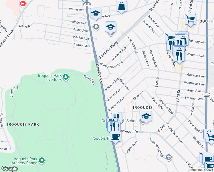 map of restaurants, bars, coffee shops, grocery stores, and more near 815 Iroquois Avenue in Louisville