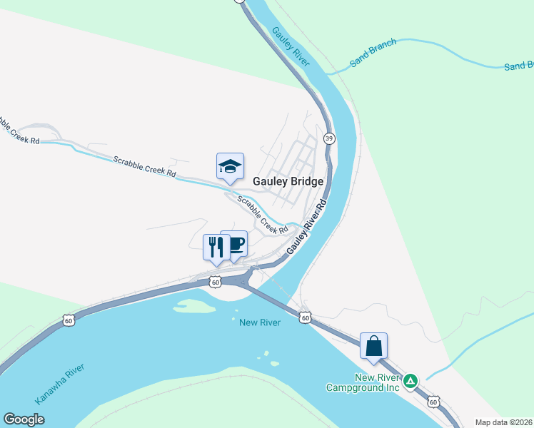 map of restaurants, bars, coffee shops, grocery stores, and more near 140 Walnut Street in Gauley Bridge