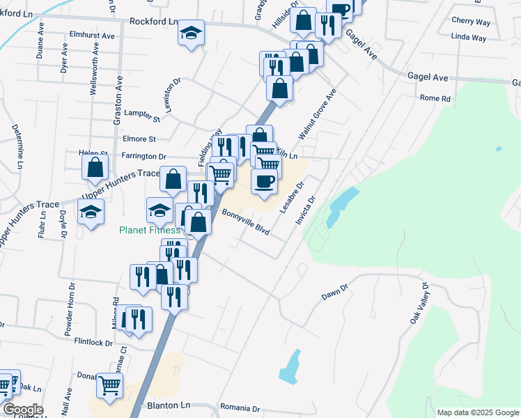 map of restaurants, bars, coffee shops, grocery stores, and more near 5102 1/2 Valiant Drive in Louisville