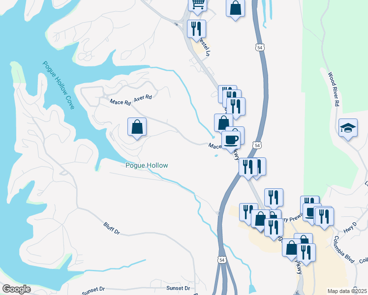 map of restaurants, bars, coffee shops, grocery stores, and more near 1095 Mace Road in Osage Beach