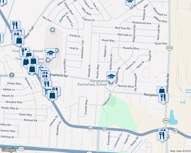 map of restaurants, bars, coffee shops, grocery stores, and more near 4889 Brenda Drive in Louisville