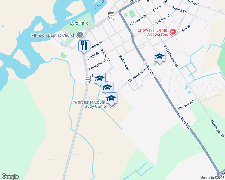 map of restaurants, bars, coffee shops, grocery stores, and more near 510 Coulbourne Lane in Snow Hill