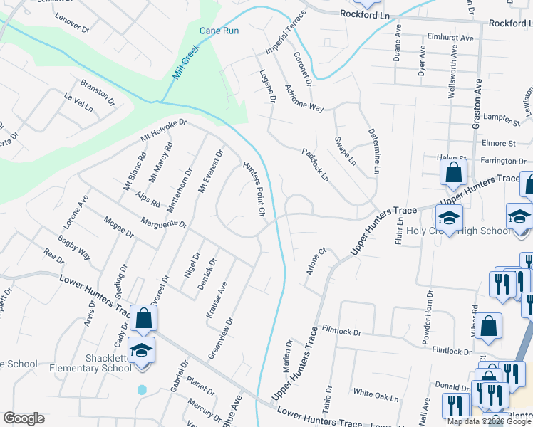 map of restaurants, bars, coffee shops, grocery stores, and more near 5124 Hunters Point Circle in Louisville