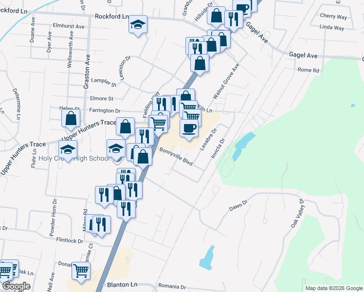 map of restaurants, bars, coffee shops, grocery stores, and more near 5100 Valiant Drive in Louisville