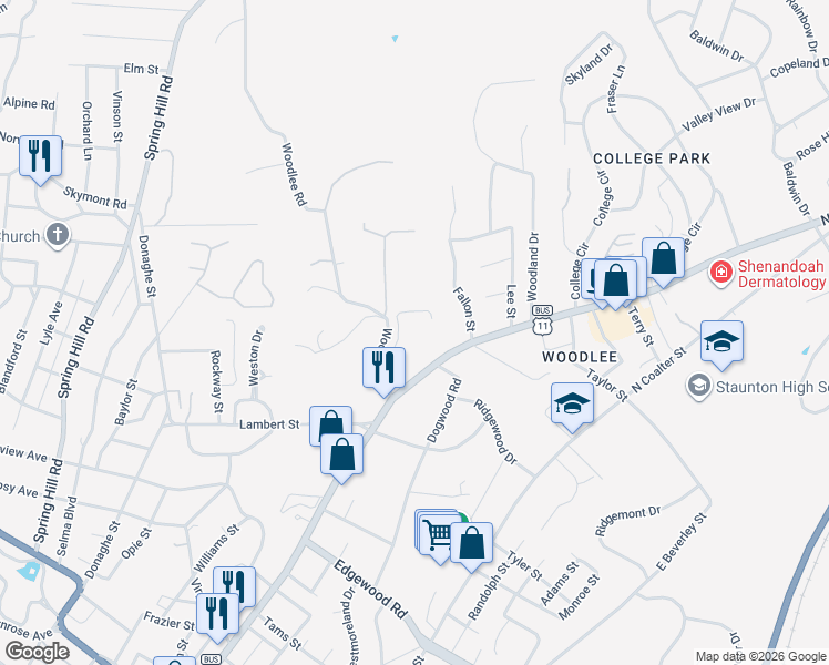 map of restaurants, bars, coffee shops, grocery stores, and more near 21 Woodlee Road in Staunton