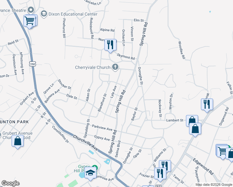 map of restaurants, bars, coffee shops, grocery stores, and more near 1406 Lyle Avenue in Staunton