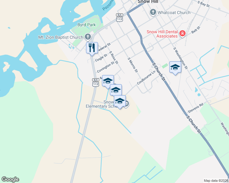map of restaurants, bars, coffee shops, grocery stores, and more near 522 Coulbourne Lane in Snow Hill