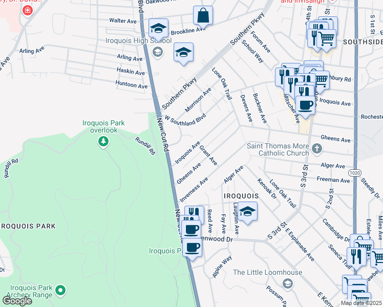 map of restaurants, bars, coffee shops, grocery stores, and more near 818 Iroquois Avenue in Louisville