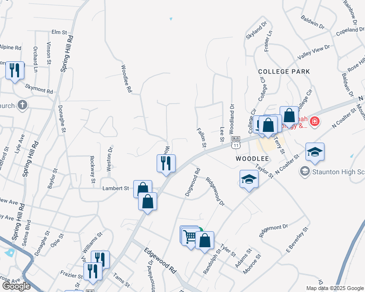 map of restaurants, bars, coffee shops, grocery stores, and more near 21 Woodlee Road in Staunton