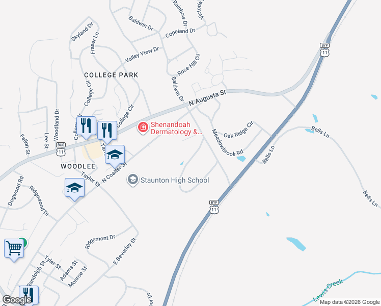 map of restaurants, bars, coffee shops, grocery stores, and more near 503 Mountain View Drive in Staunton
