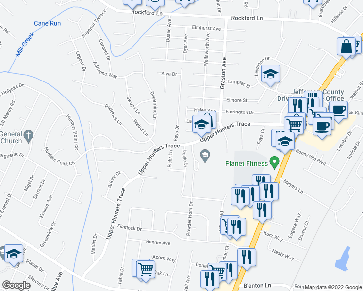 map of restaurants, bars, coffee shops, grocery stores, and more near 2251 Upper Hunters Trce in Louisville