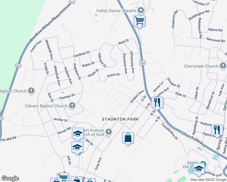 map of restaurants, bars, coffee shops, grocery stores, and more near 2723 Knollwood Drive in Staunton