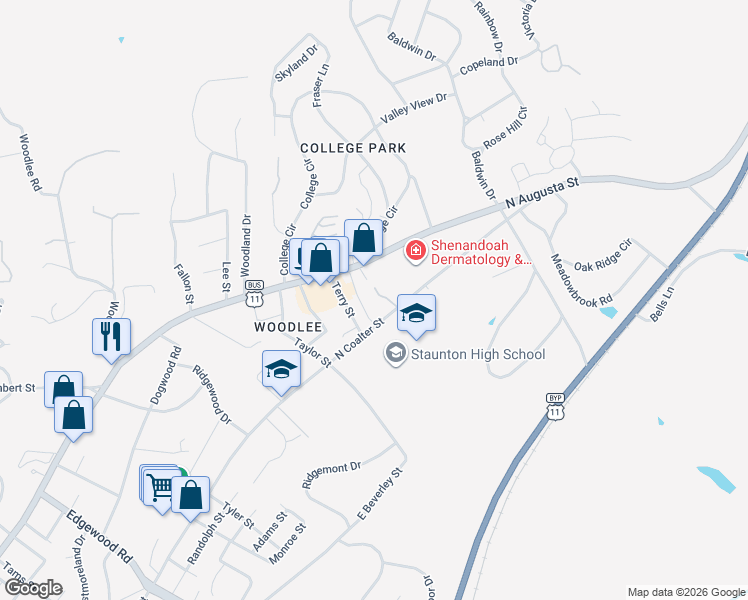 map of restaurants, bars, coffee shops, grocery stores, and more near 1410 North Coalter Street in Staunton