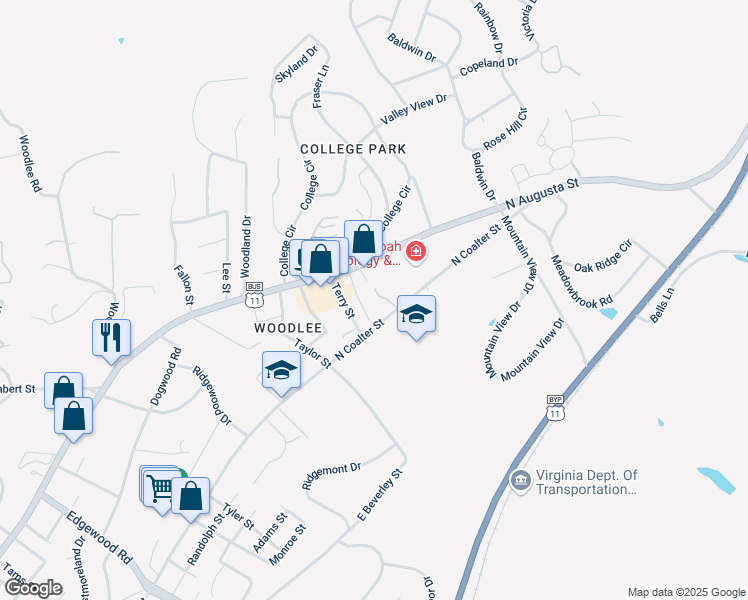 map of restaurants, bars, coffee shops, grocery stores, and more near 1410 North Coalter Street in Staunton