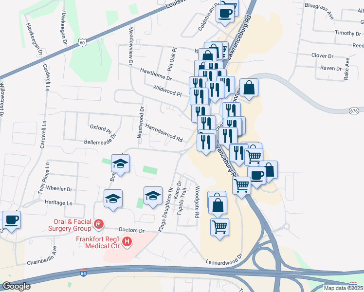 map of restaurants, bars, coffee shops, grocery stores, and more near 440 Harrodsburg Lane in Frankfort