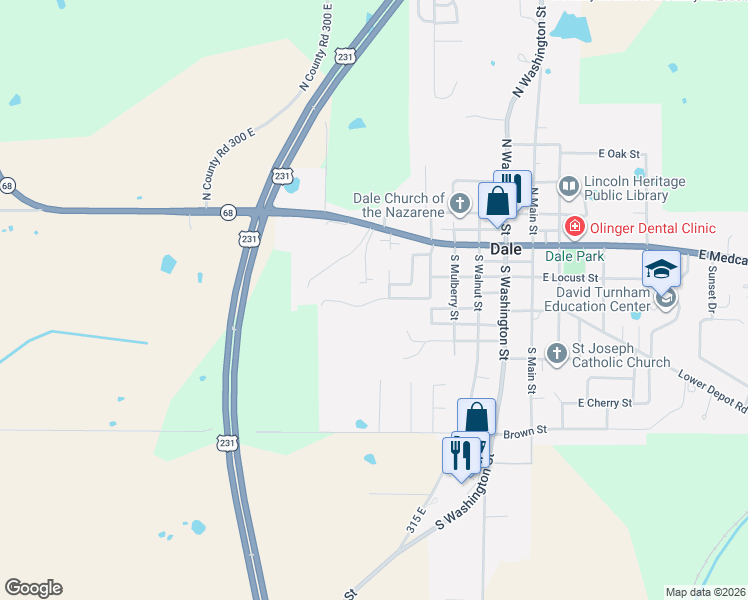 map of restaurants, bars, coffee shops, grocery stores, and more near 417 Angela Drive in Dale