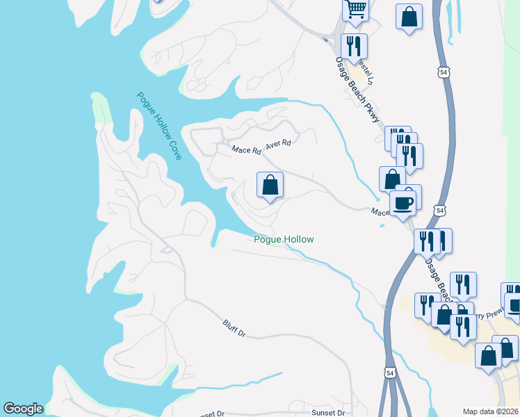 map of restaurants, bars, coffee shops, grocery stores, and more near Orville Dr in Osage Beach