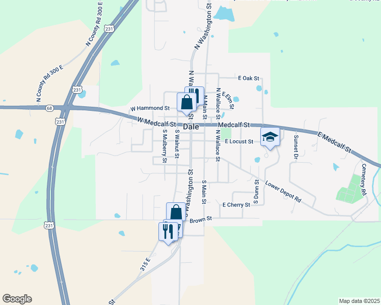 map of restaurants, bars, coffee shops, grocery stores, and more near 111 South Washington Street in Dale
