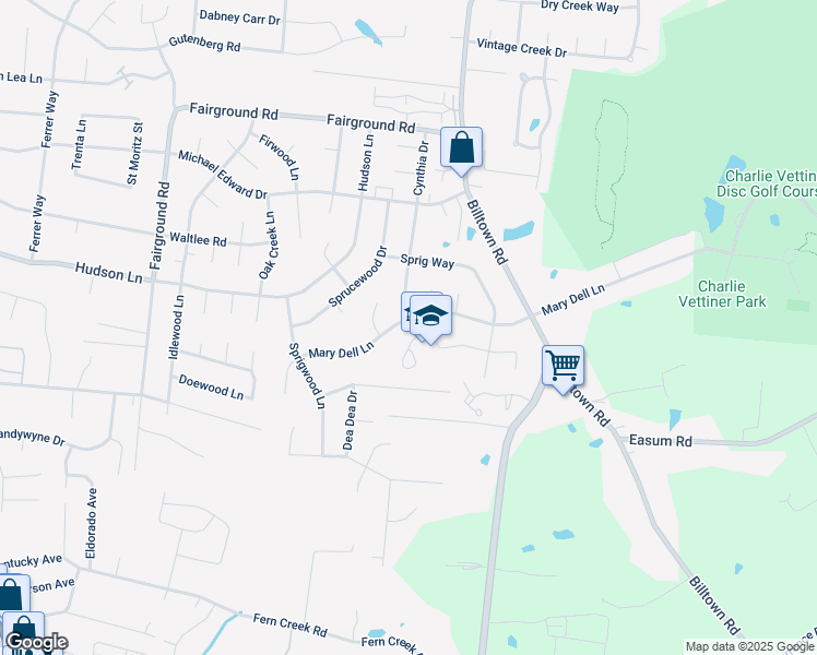 map of restaurants, bars, coffee shops, grocery stores, and more near 9818 Mary Dell Lane in Louisville