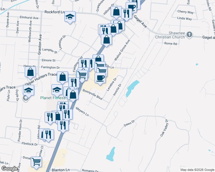 map of restaurants, bars, coffee shops, grocery stores, and more near 5016 Lesabre Drive in Louisville