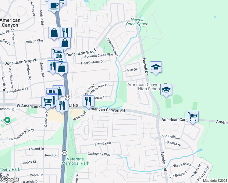 map of restaurants, bars, coffee shops, grocery stores, and more near 42 Sequoia Grove Way in American Canyon