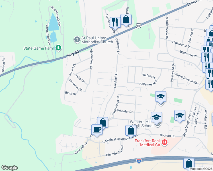 map of restaurants, bars, coffee shops, grocery stores, and more near 1651 Highview Cir in Frankfort