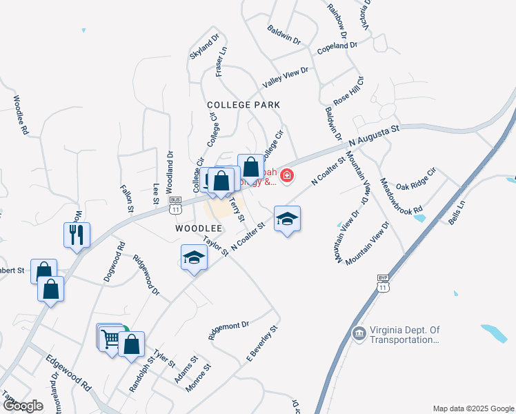 map of restaurants, bars, coffee shops, grocery stores, and more near 1410 North Coalter Street in Staunton