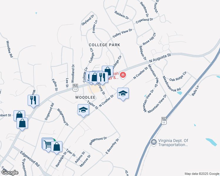 map of restaurants, bars, coffee shops, grocery stores, and more near 1410 North Coalter Street in Staunton