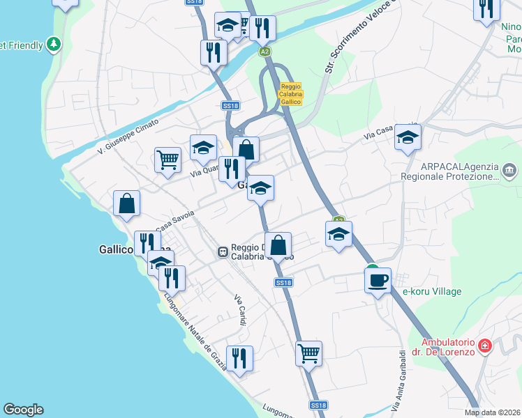 map of restaurants, bars, coffee shops, grocery stores, and more near 110 Via Nazionale in Reggio Calabria