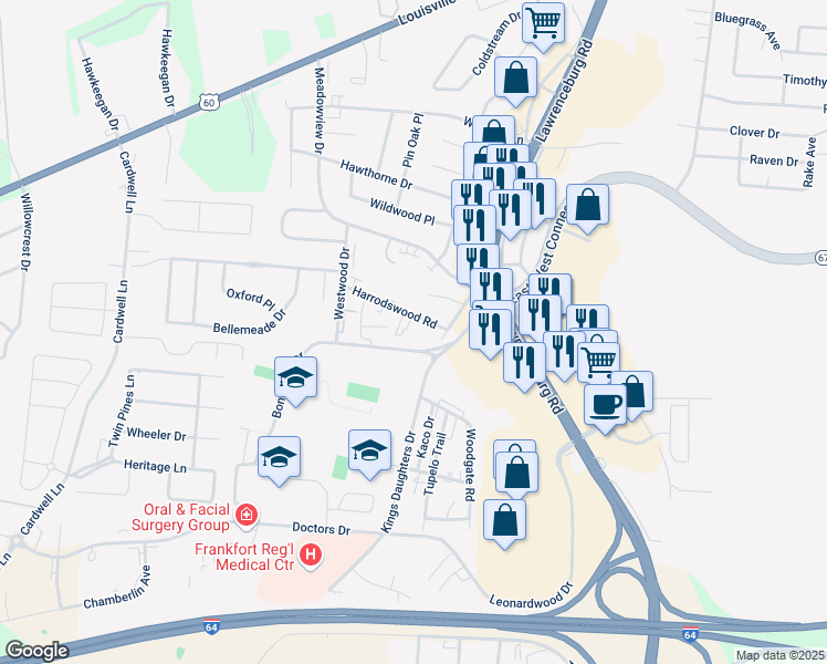 map of restaurants, bars, coffee shops, grocery stores, and more near 430 Harrodswood Road in Frankfort