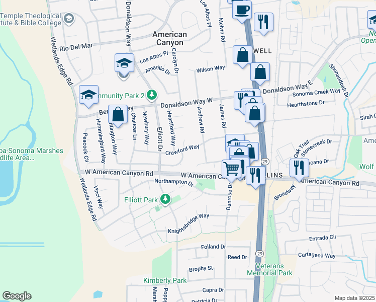 map of restaurants, bars, coffee shops, grocery stores, and more near 97 Crawford Way in American Canyon