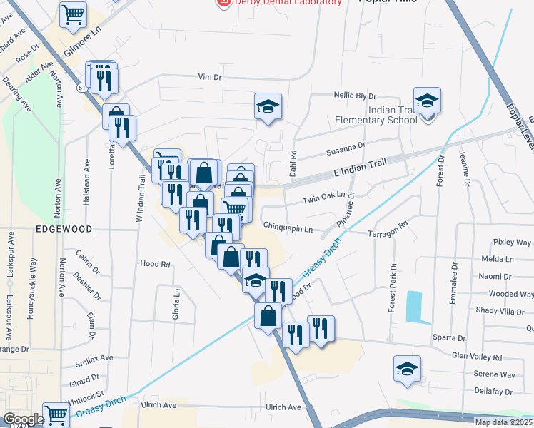 map of restaurants, bars, coffee shops, grocery stores, and more near 3100 Chinquapin Lane in Louisville