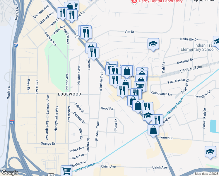 map of restaurants, bars, coffee shops, grocery stores, and more near 4795 Westside Drive in Louisville